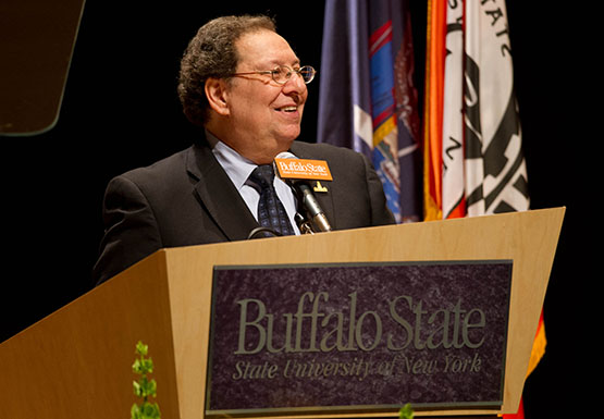 Aaron Podolefsky, shown above at the State of the College Address in 2012, passed away Aug. 8. Buffalo State will begin a search for its ninth president in the coming weeks.