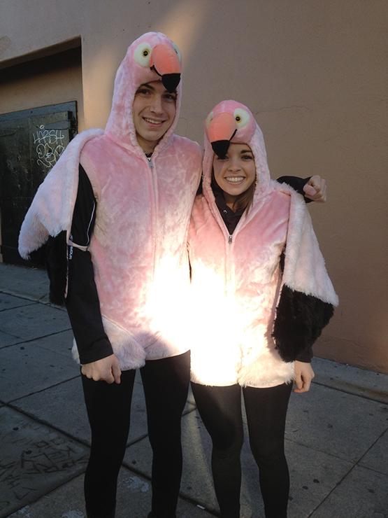 Freshman soccer player Kristina Change and her boyfriend, Ryan, dressed in the flamingo costumes they wore on Lets Make a Deal.