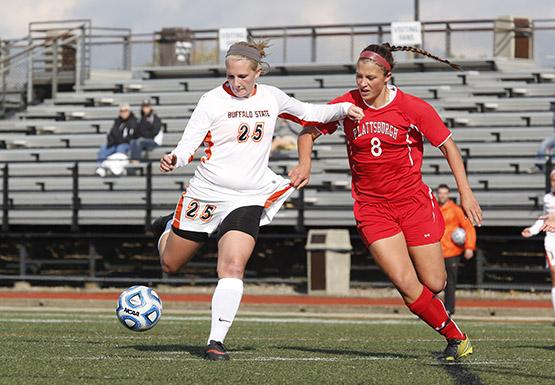 Micky Tinnerman turns for a shot in Buffalo States 2-1 overtime victory over Plattsburgh Saturday. 