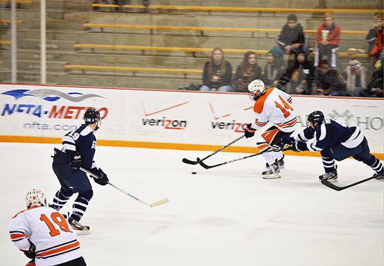 Sophomore Brett Hope registered an assist against Morrissville State this weekend at the Ice Arena. 