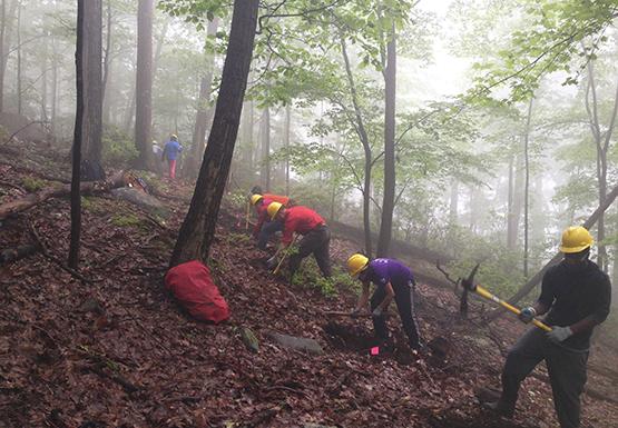 Buffalo State volunteers helped the New York-New Jersey Trails Project with building a new hiking trail alongside the Major Welsh Trail in the Appalachian Mountains, during the VSLCs Alternative Summer Break.