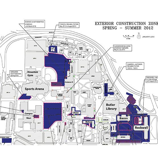 This map outlines the presence of contstruction on campus. In an effort to stay current, and appeal to prospective students, campus development has been emphasized. Caudell Hall, built in 1963, is set to be renovated by 2016. The second of three phases for the Science Building is set to finish by 2015. Progress can be seen while walking through the main spine of campus.