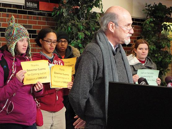 WNY Area Labor Federation President Richard Lipsitz speaks in front of the Campbell Student Union bookstore.