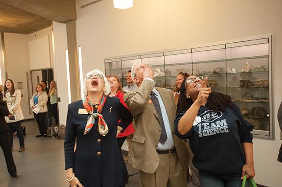 Teachers were surprised when a model rocket set off as a demonstration became lodged in the ceiling of the Science and Mathematics Complex.