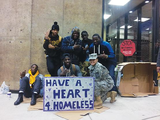 Students gather at Cleveland Hall to promote awareness for homeless veterans with a sleep out.