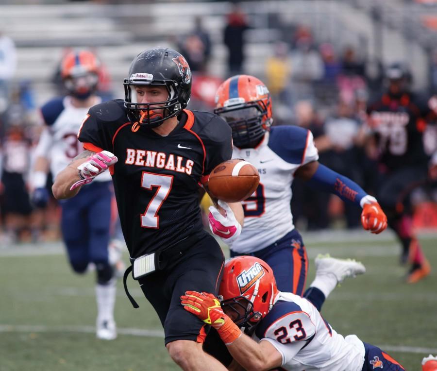 Buffalo State lost three fumbles against Utica, including Mike Doherty’s (7) third-quarter fumble after a 36-yard reception. Dohery fumbled the ball on the Utica 9-yard line.