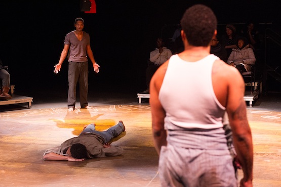 The three actors performed in the Flexible Theatre, which is a circular stage. They had to speak to all angles of their audiences. 