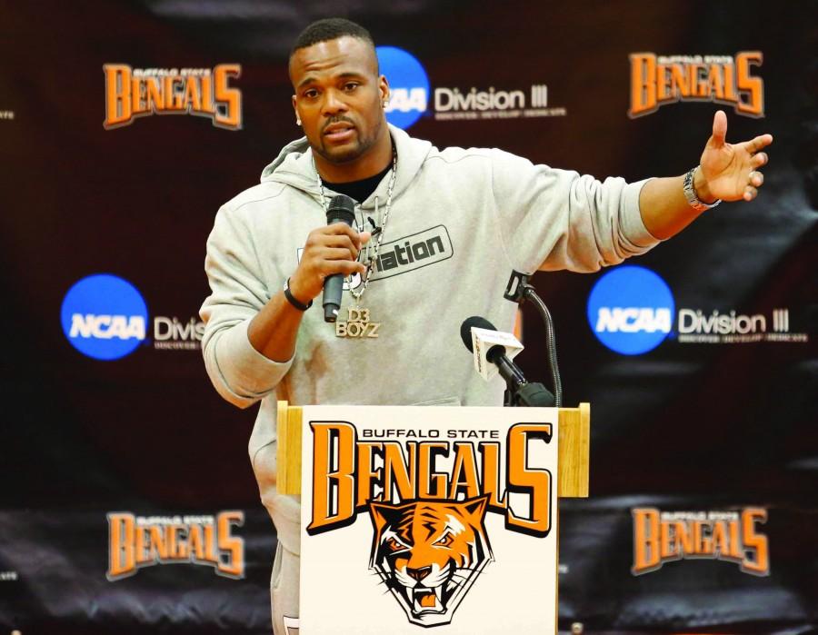 Buffalo Bills running back and team captain Fred Jackson spoke about his new campaign, D3 Nation, at Buffalo State on Tuesday, Feb. 24.