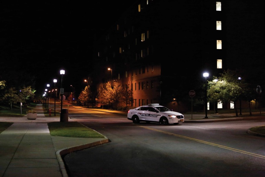 A Buffalo State University Police car patrols around the Student Apartment Complex. Sundays town hall meeting discussed safety measures the campus could take.