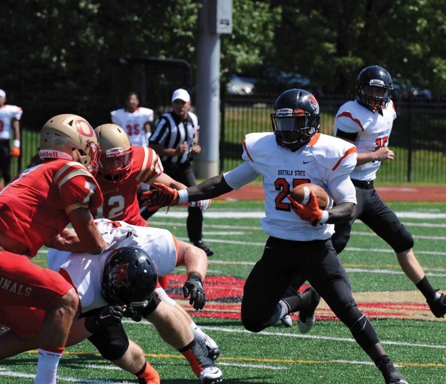 Sophomore running back Dale Stewart made his Buffalo State debut on Saturday, rushing eight times for 77 yards and a touchdown.