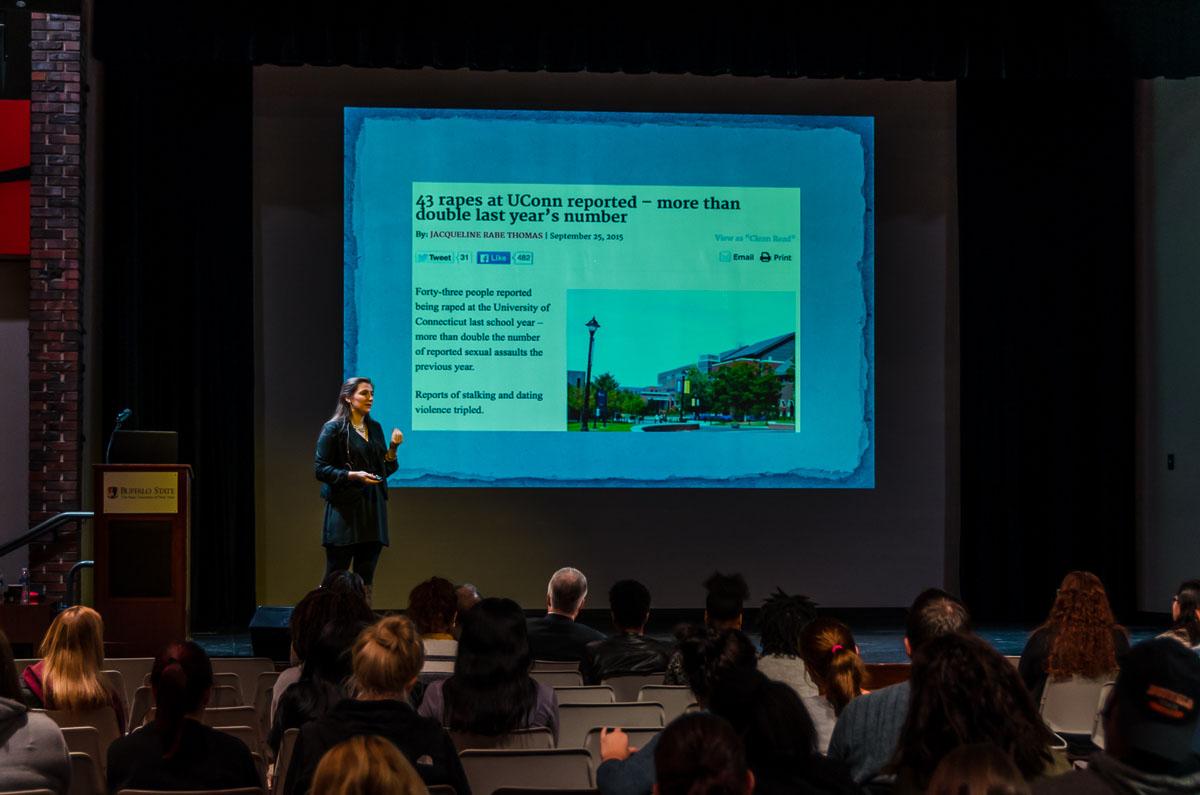 Kylie Angell spoke to SUNY Buffalo State students on Oct. 20 about sexual assault and its repercussions in the Student Union Social Hall.
