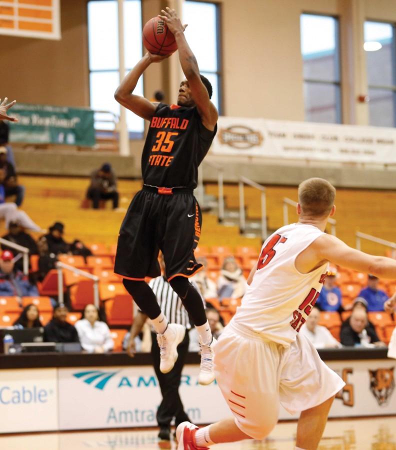 Buffalo State senior Lovell Smith (35) netted 16 points, behind team-high Jordan Glovers 24 and Mike Henrys 23 points.