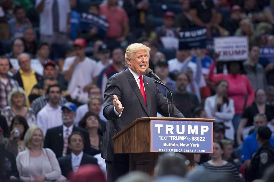Presidential candidate Donald Trump entered First Niagara Center Monday night to a crowd that Congressman Chris Collins said was the largest indoor rally for Trump so far.