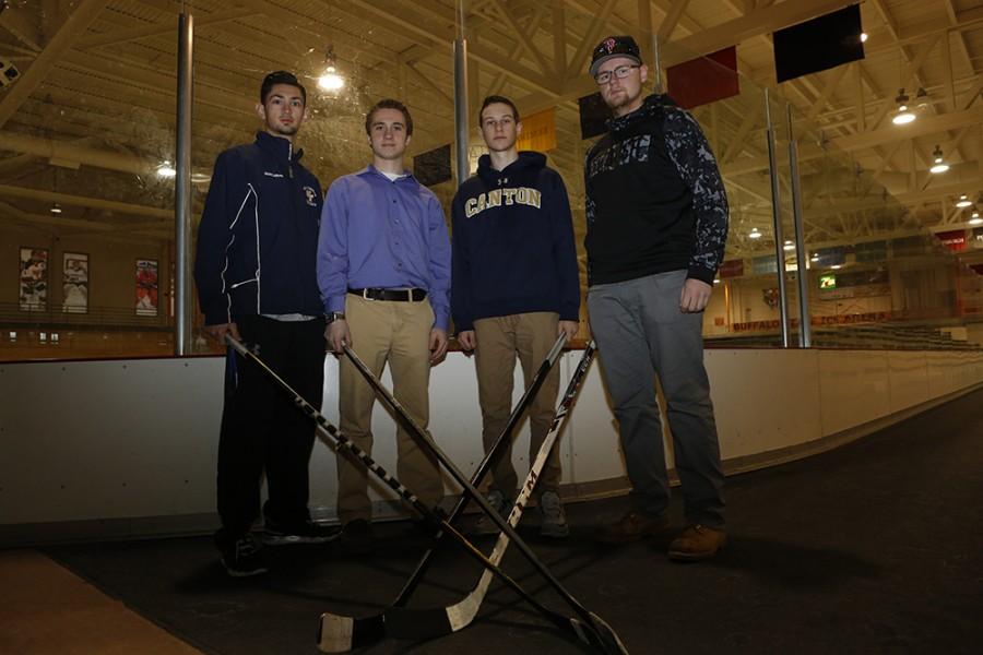 Fro left to right: Buffalo State freshman Ricky Ronallo, juniors Jimmy Roberto and Joey Holmes, and senior jake Graczyk are looking to start a club hockey team by Fall 16.