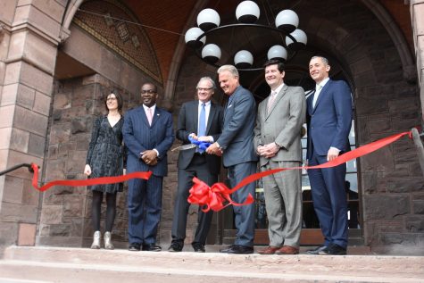 From left to right: Monica Pellegrino, Executive Director of the Richardson Olmsted Complex, Mayor of Buffalo Byron Brown, Howard Zemsky, president of Empire Economic Development, Paul Hojnacki, president of the Richardson Center Corporation Board, Mark Poloncarz, Erie County Executive, Rene Jones, vice chair of M&T Bank 
