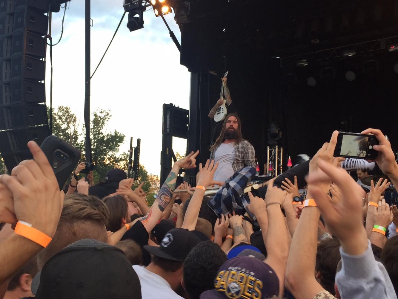 Keith Buckley of Every Time I Die looks out at the crowd during their sold out show with Taking Back Sunday and All Get Out (Photo by Chris Prenatt)