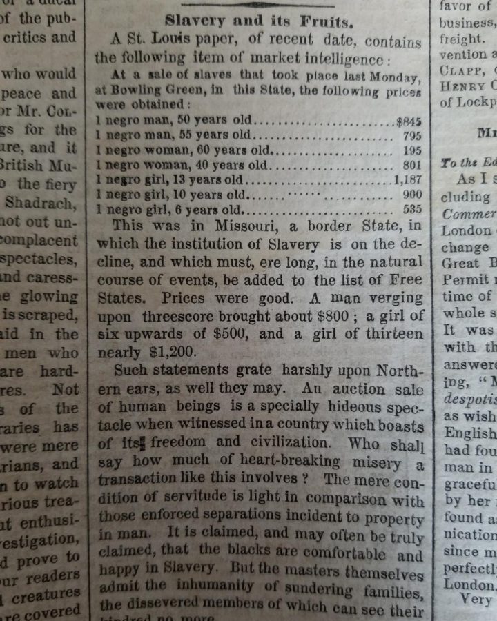 Slavery and its Fruits, an article published in The New York Times (Aug. 26, 1859)