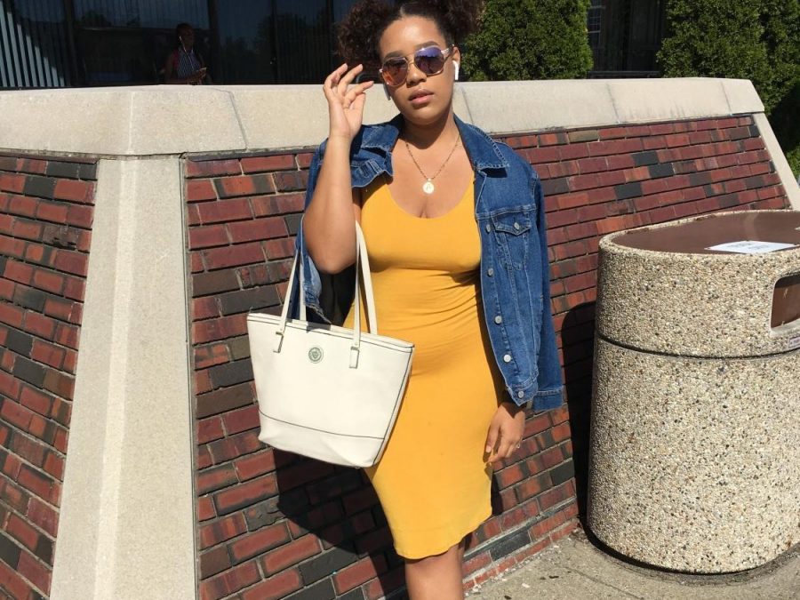 Model: Jennifer Luna
Color: Honey
Jennifer is wearing a honey colored body-con dress, with a dark was jean jacket, tan high-heeled sandals, with a white tote-style bag.
“Honestly I don’t like the color, but I noticed really warm tones look good on me,” Luna said.
