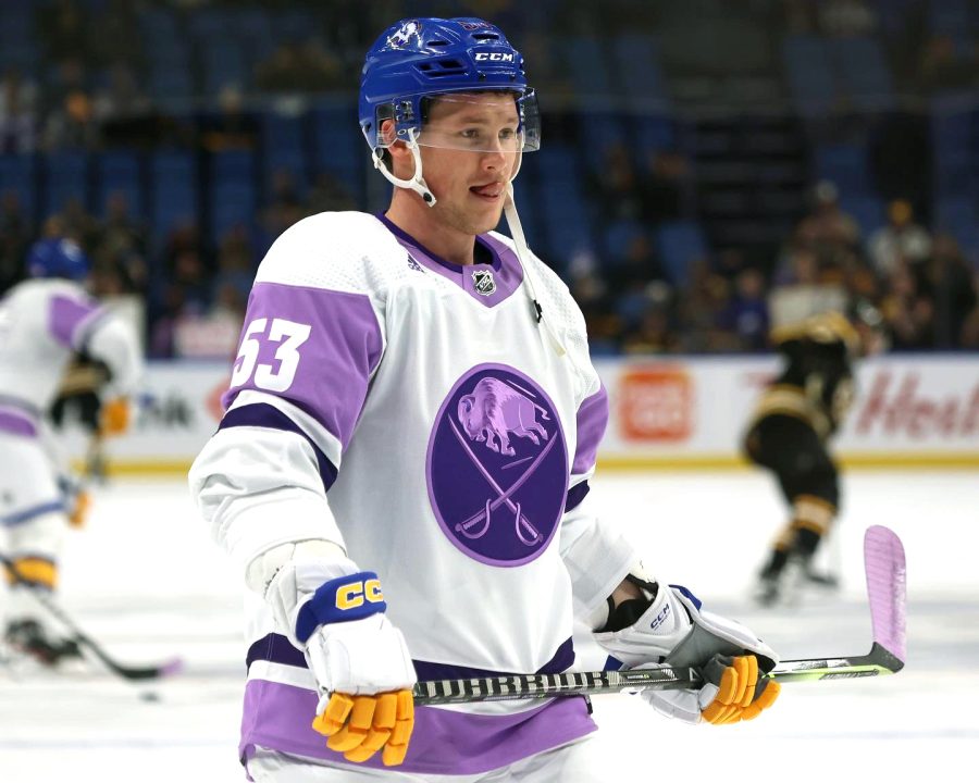 Sabres Jeff Skinner warming up against the Boston Bruins in the purple Hockey fights cancer jersey.