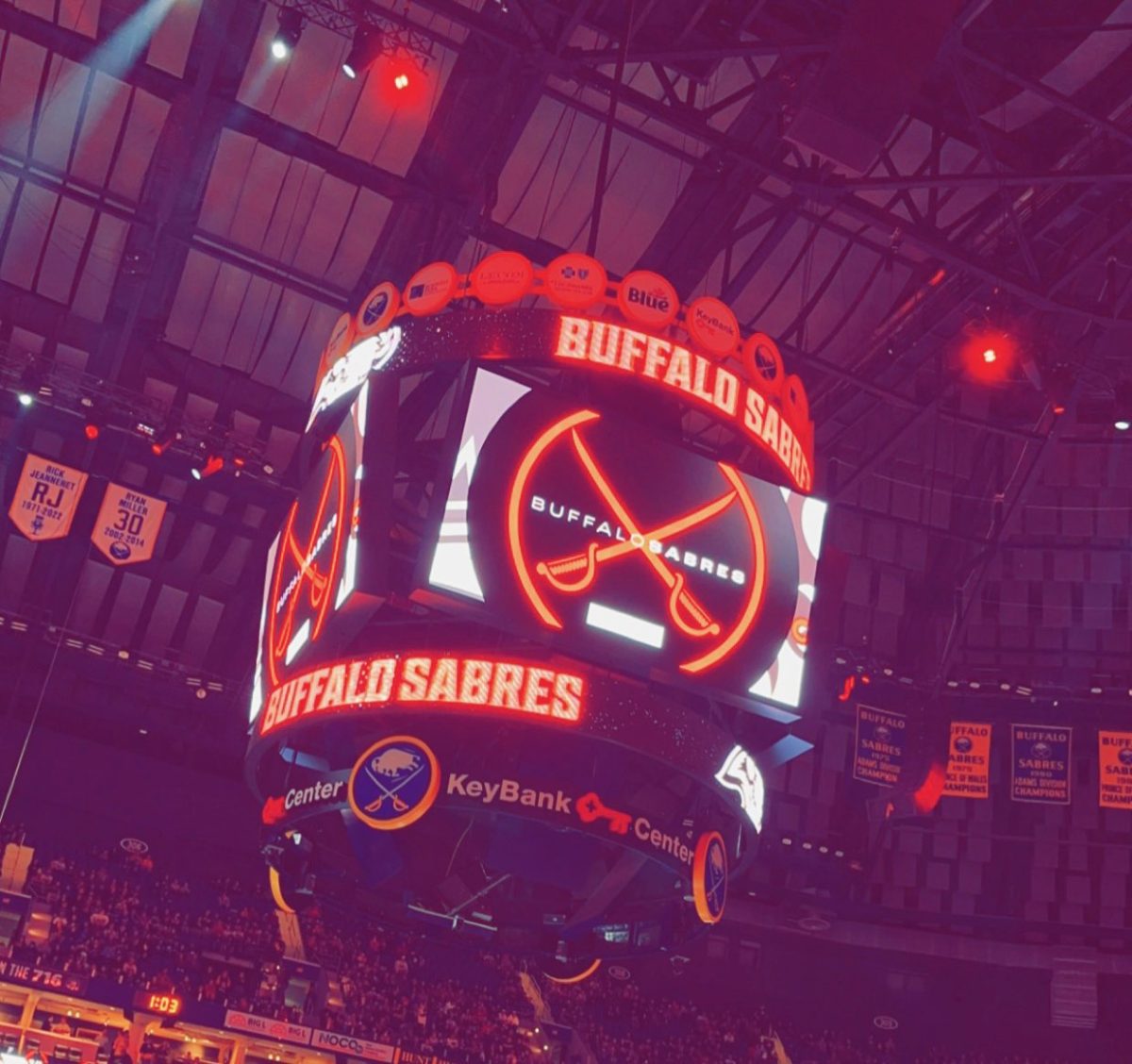 Buffalo Sabres jumbotron featuring the teams alternate logo.