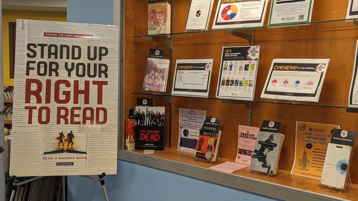 Julia Boyer Reinstein Library in Cheektowaga, NY displays banned books in their book nook for National Banned Books Week.
