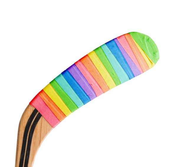 Traditional hockey stick wrapped in pride tape