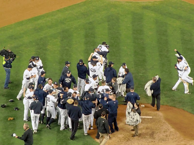 New York Yankees celebrate after their 7–3 win against the Philadelphia Phillies, winning the franchise's 27th World Series Championship on November 4, 2009.