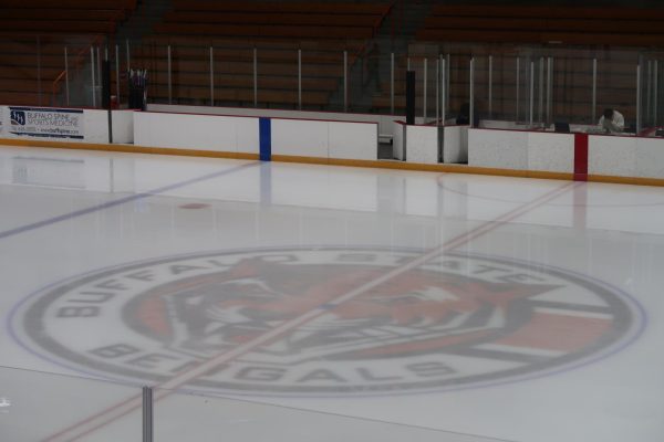 The Buffalo State Bengals logo glistening after a the Zamboni made a few passes.  