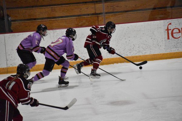 The women's hockey team in the heat of battle.