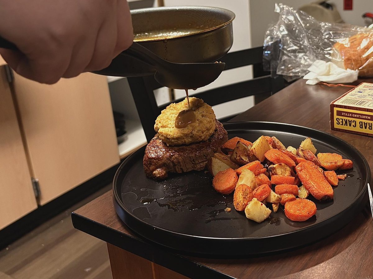 "Steak and Cake" dinner with roasted vegetables and a fragrant pan sauce
