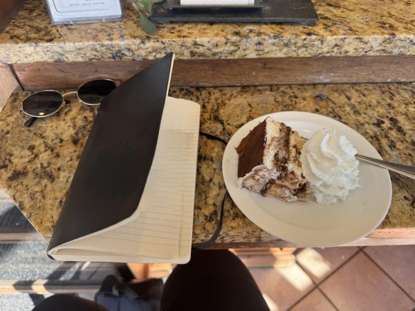 A plate of tiramisu, complete with whipped cream and a book full of redacted writing.